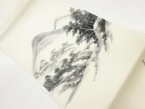 作家物　塩瀬手描き山並に木々・橋・風景模様名古屋帯